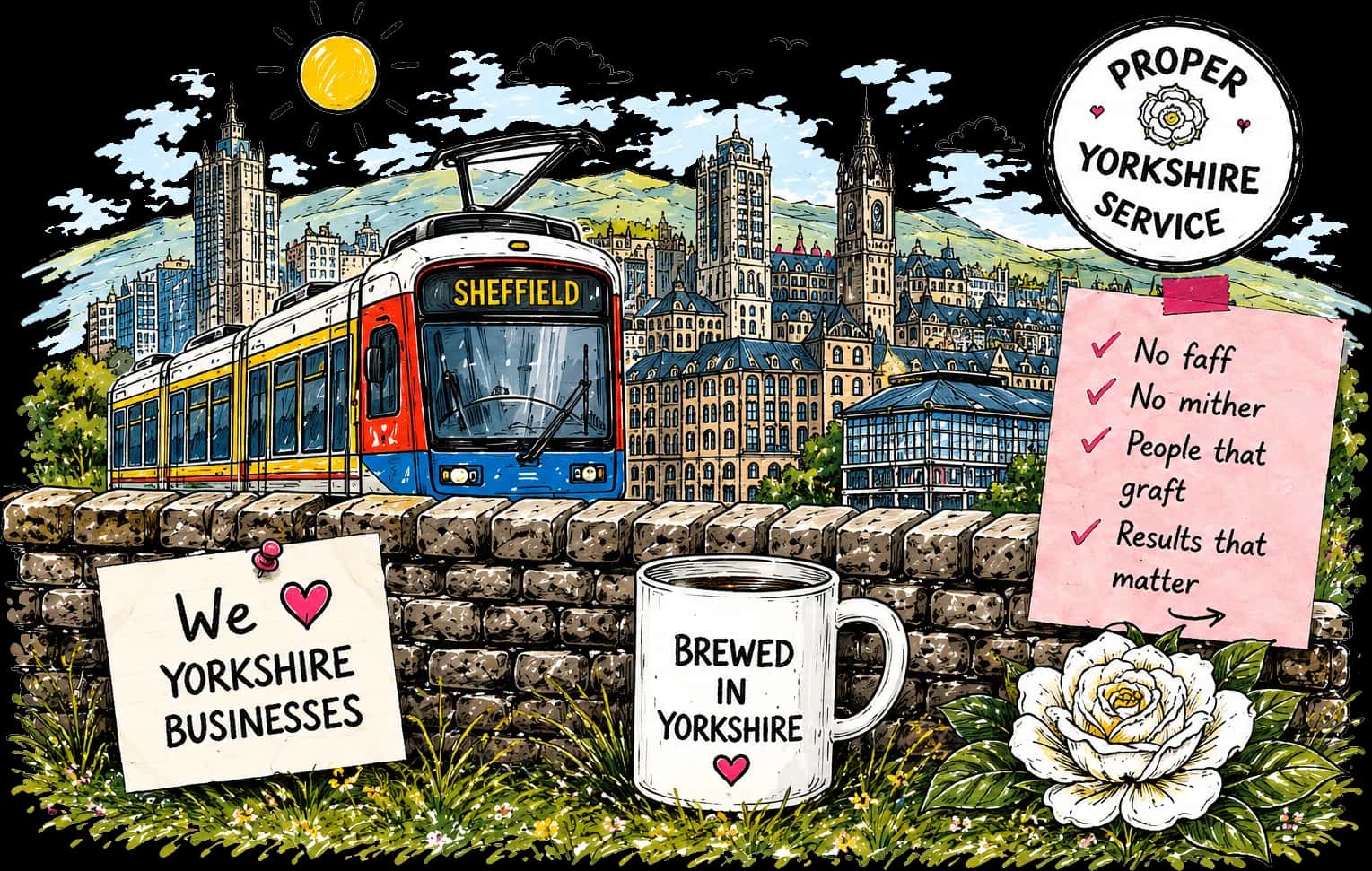 Hand-drawn Sheffield tram, Yorkshire skyline and a 'Brewed in Yorkshire' mug