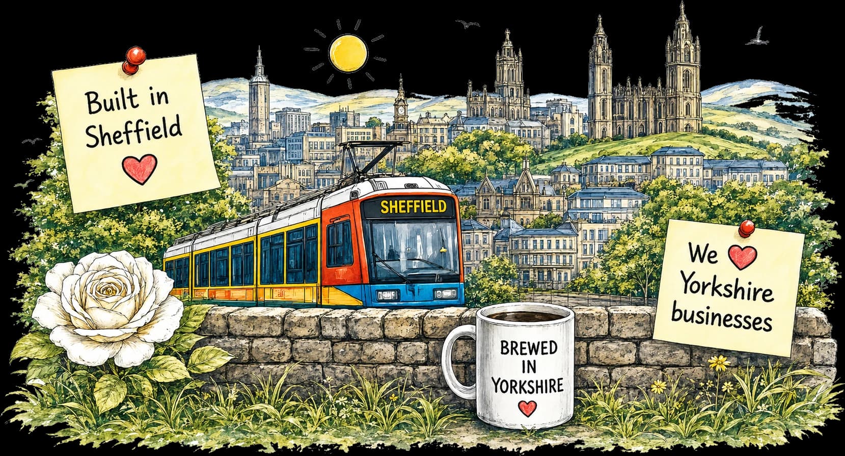 Hand-drawn Sheffield tram and Yorkshire skyline with 'Built in Sheffield' notes