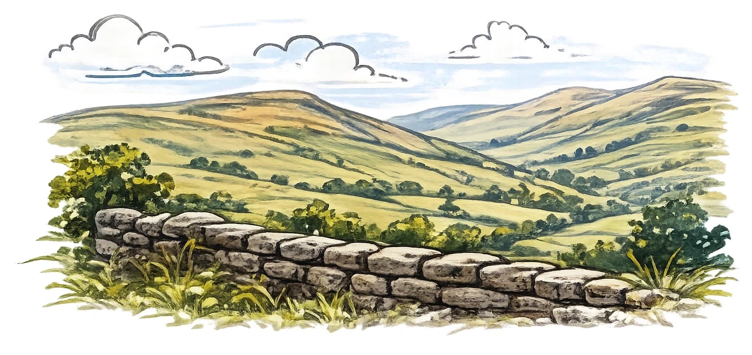 Watercolour illustration of the Yorkshire dales with a dry-stone wall