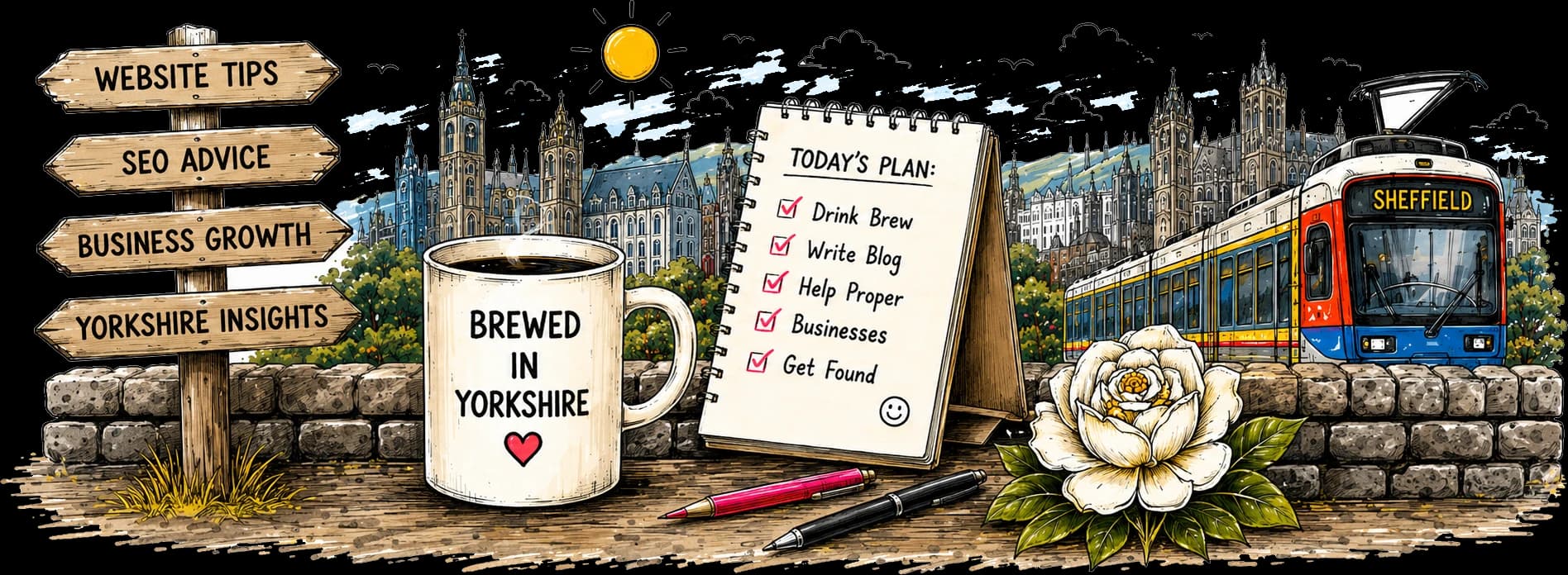 Hand-drawn desk with a signpost of blog topics and the Sheffield tram