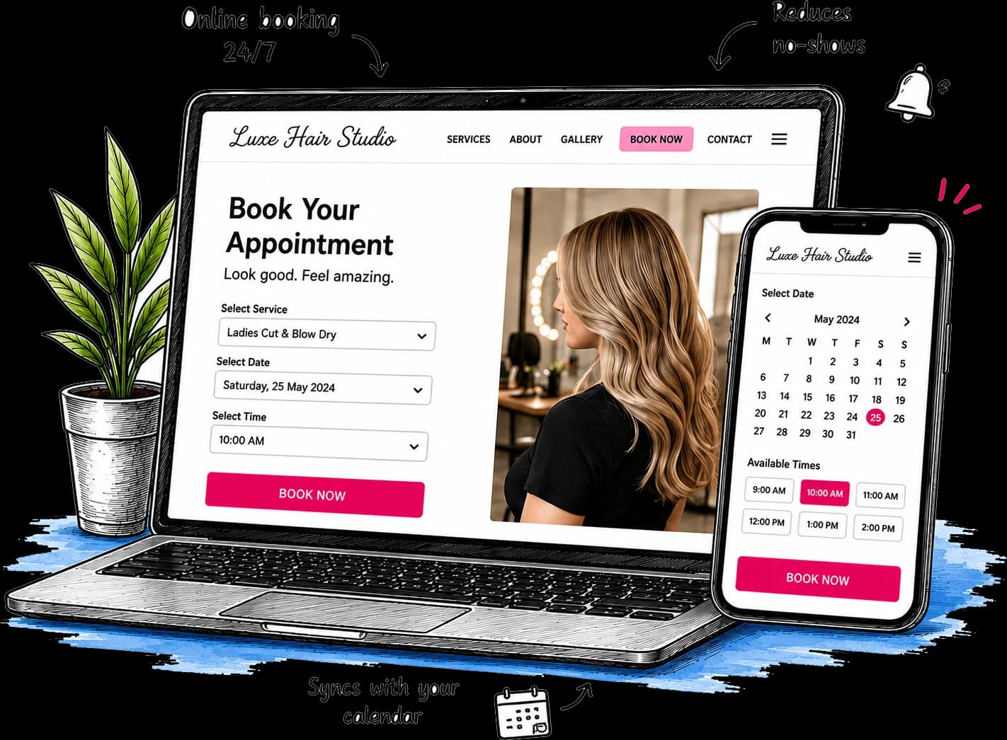 Hand-drawn laptop and phone showing a salon online booking page