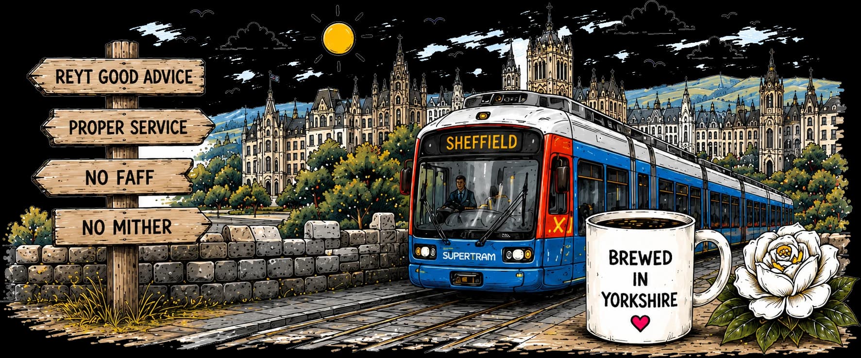 Hand-drawn Yorkshire signpost, the Sheffield tram and a 'Brewed in Yorkshire' mug
