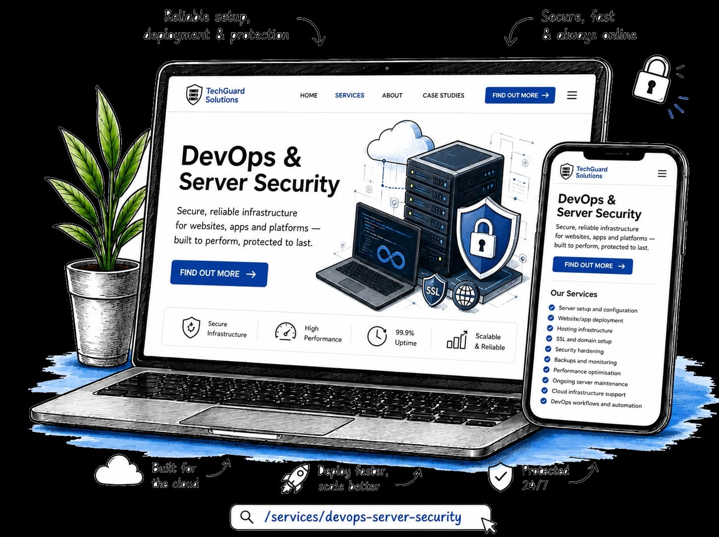 Hand-drawn laptop and phone showing a DevOps and server security website