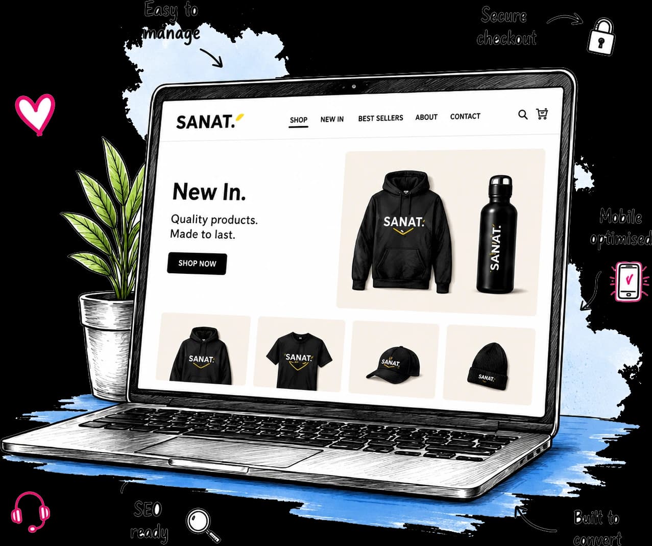 Hand-drawn laptop showing an e-commerce clothing store