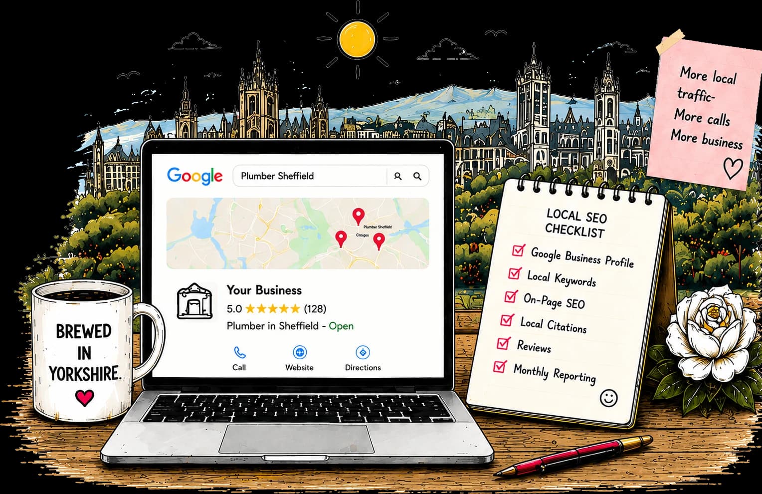 Hand-drawn laptop showing a Google local search for a Sheffield plumber