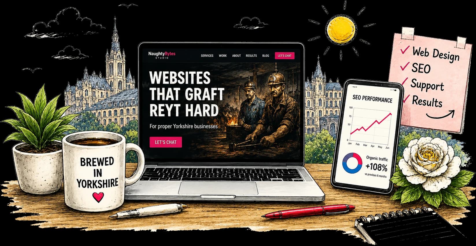 Hand-drawn desk with a laptop and phone showing a NaughtyBytes website