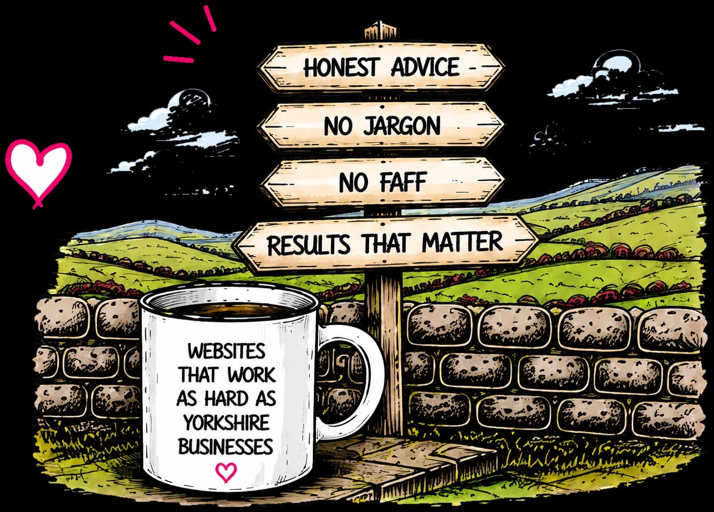 Hand-drawn Yorkshire signpost pointing to honest advice, no jargon and results
