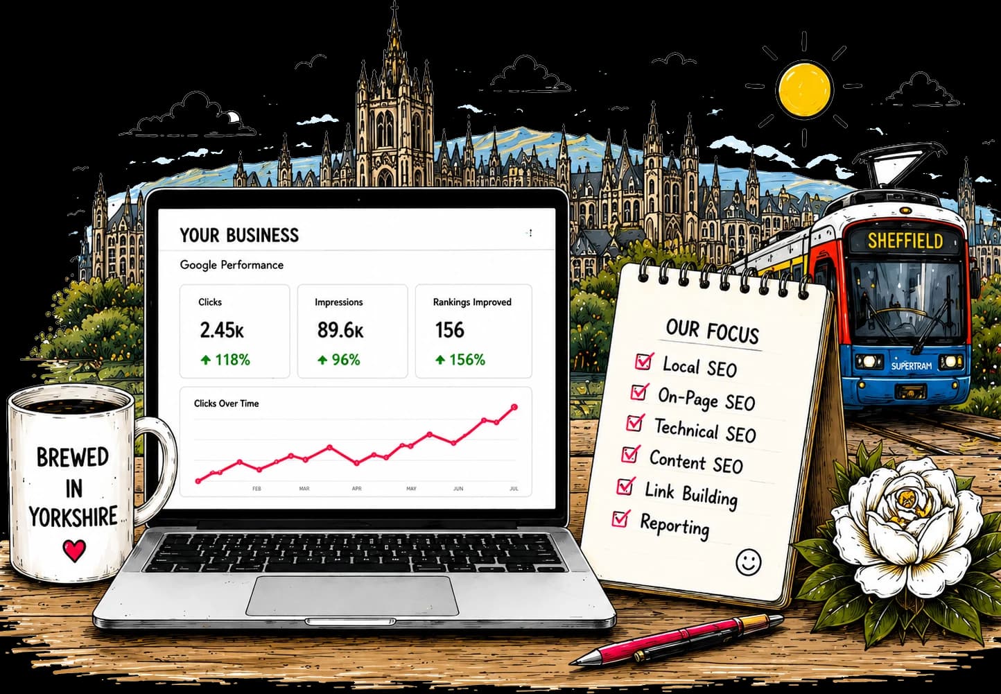 Hand-drawn laptop showing an SEO dashboard of clicks, impressions and rankings