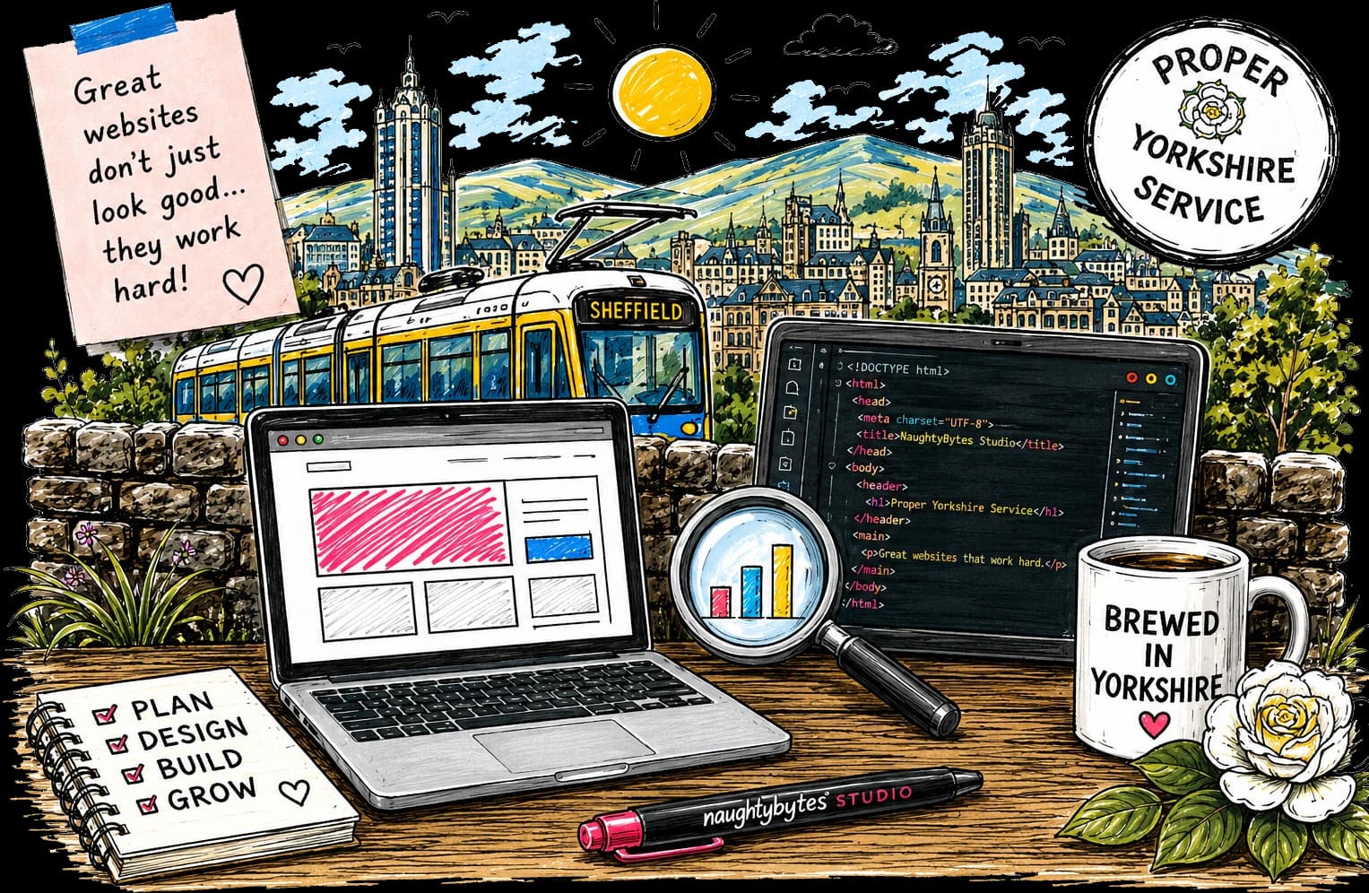 Hand-drawn Sheffield tram and a desk with a laptop and code editor