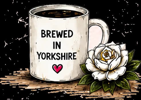 Hand-drawn mug of Yorkshire tea beside a white rose
