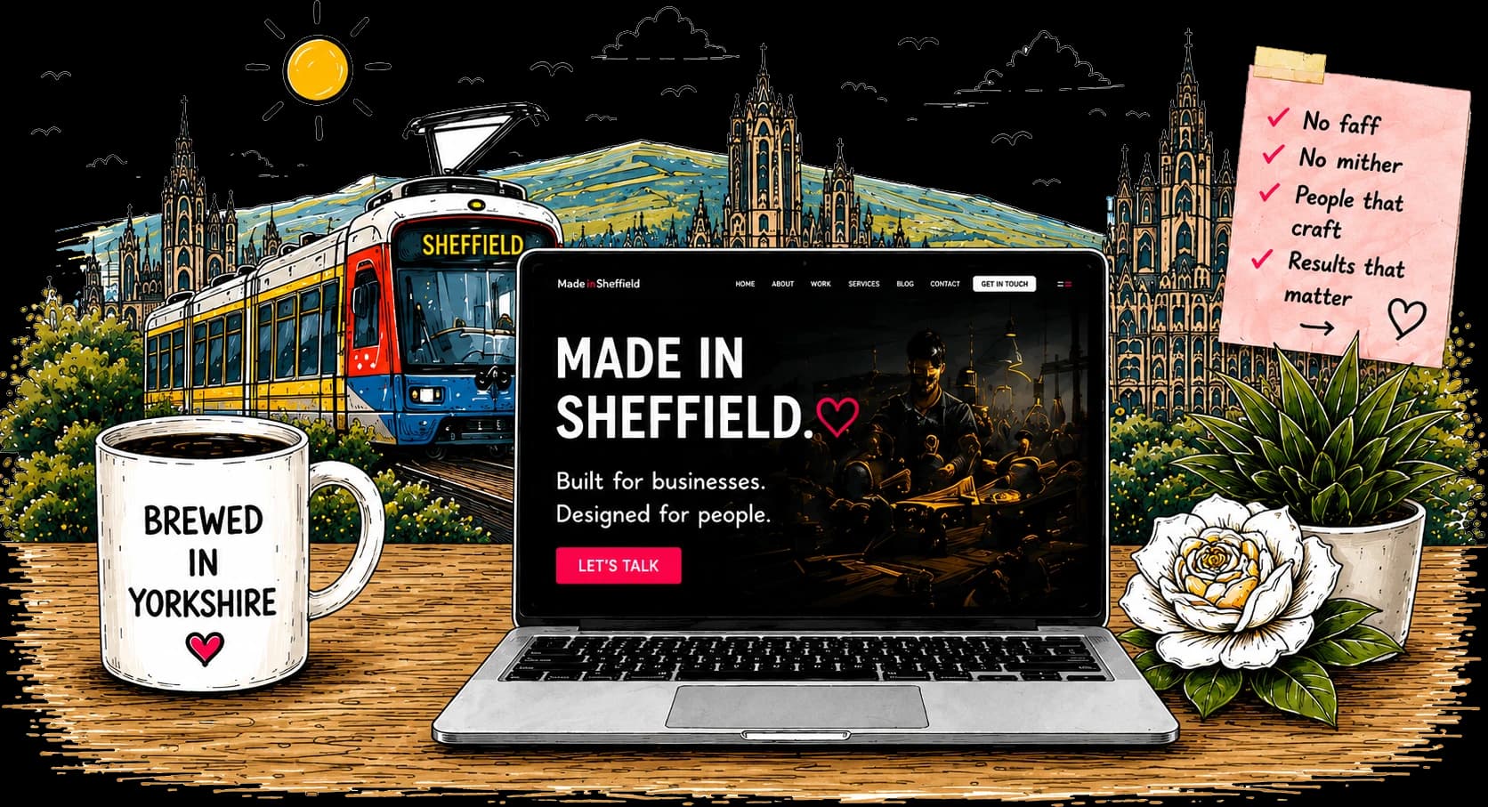 Hand-drawn desk with a laptop showing a 'Made in Sheffield' website