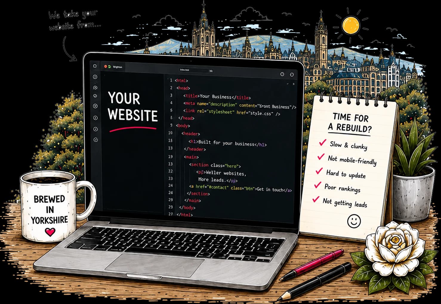 Hand-drawn desk with a laptop showing website code and a rebuild checklist