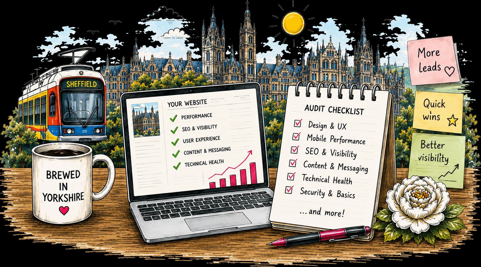 Hand-drawn laptop showing a website audit report with ticks and a rising graph