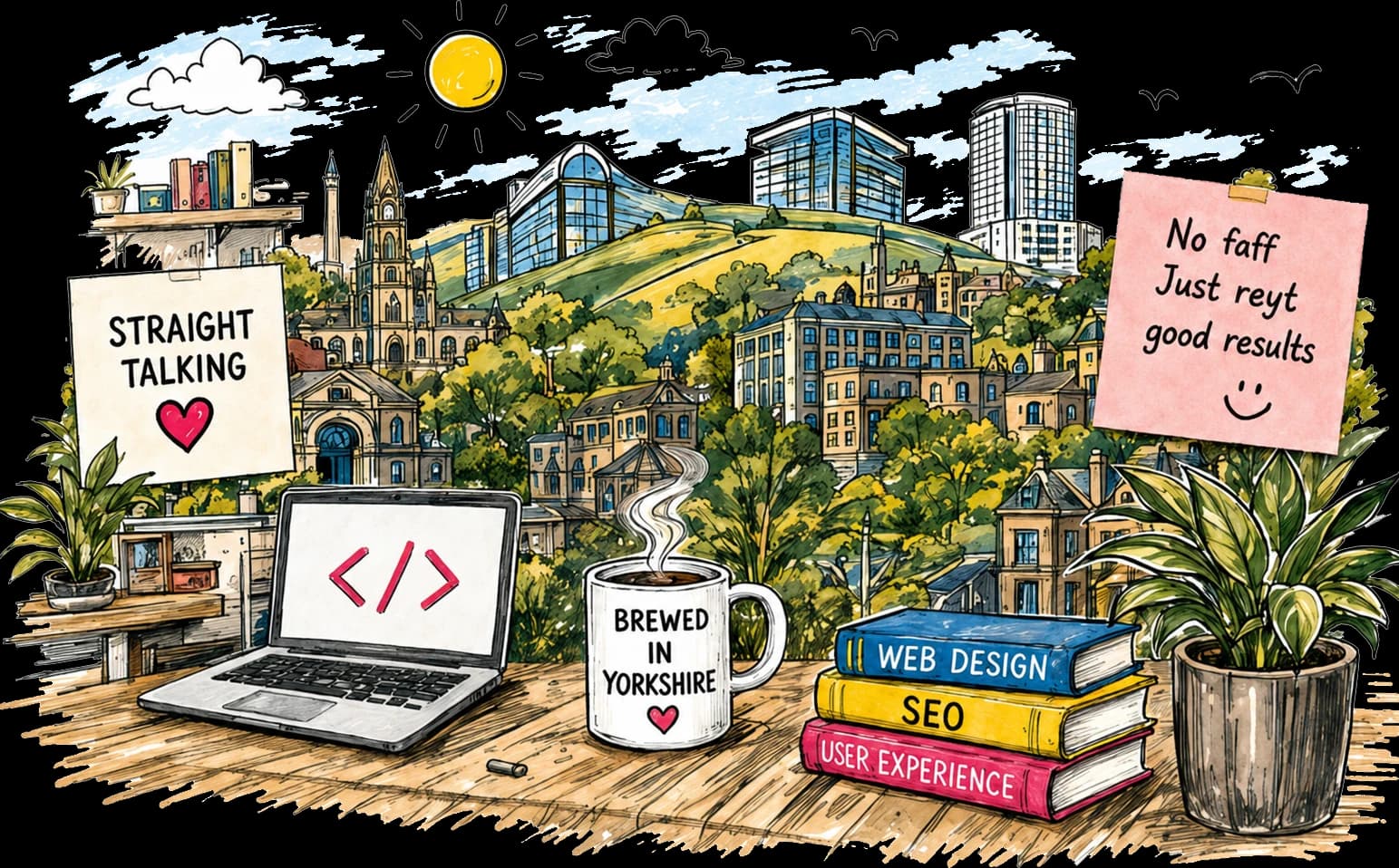 Hand-drawn desk with a laptop showing code and web design books